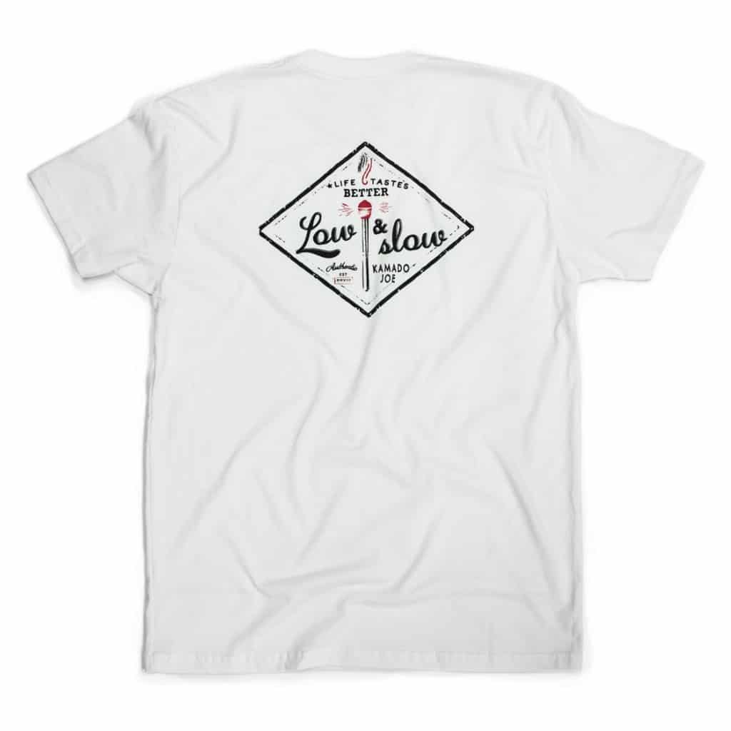 White t-shirt with black and red graphic featuring the words "Life tastes better low & slow"