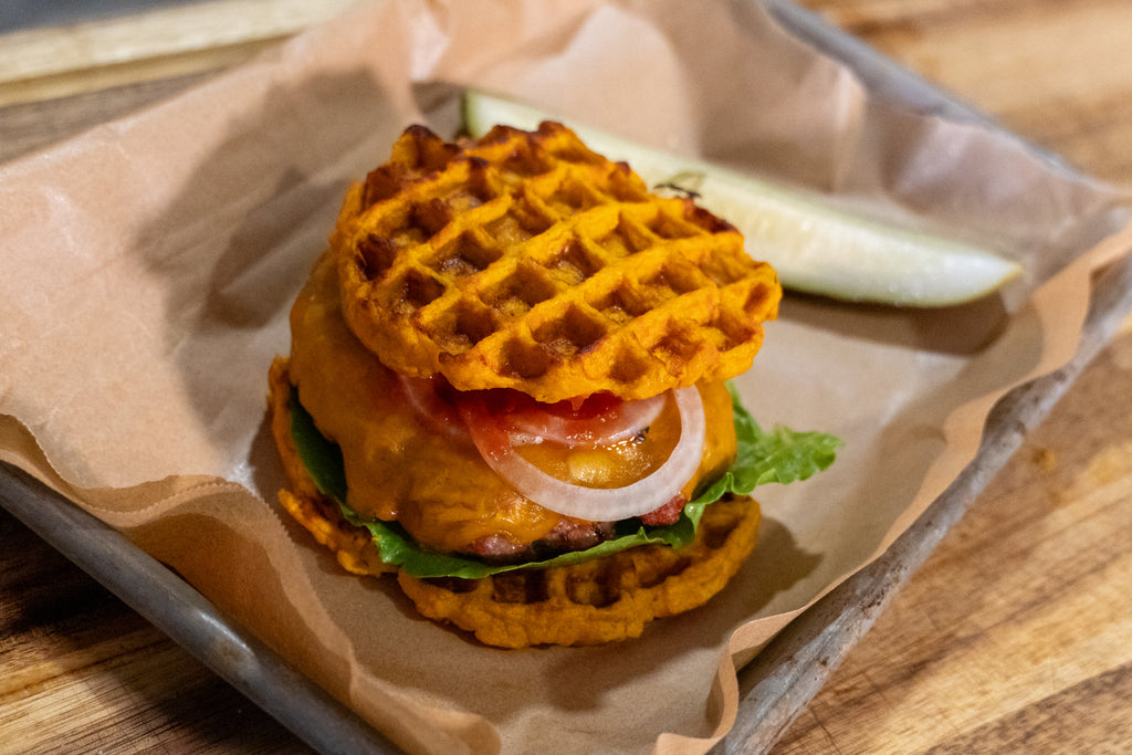 Sweet Potato Waffle Bun Venison Burgers