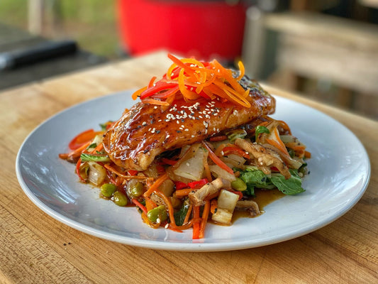 Grill Steamed Salmon over Spicy Ginger Baby Bok Choy and Quinoa Super Salad