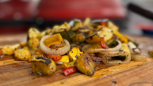 Grilled Veggies with Chili Crisp Mayo and Bourbon Flambé