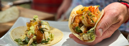 Teriyaki Shrimp Tacos with Charred Asian Slaw and Grilled Pineapple