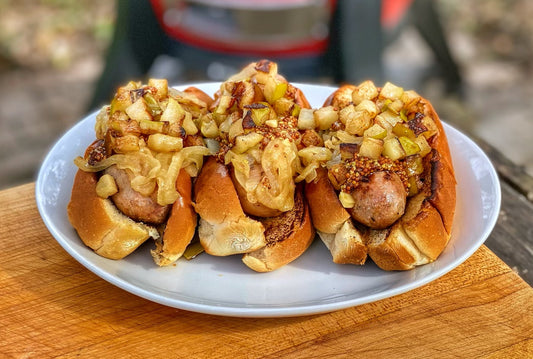 Beer-Poached Grilled Apple Brats