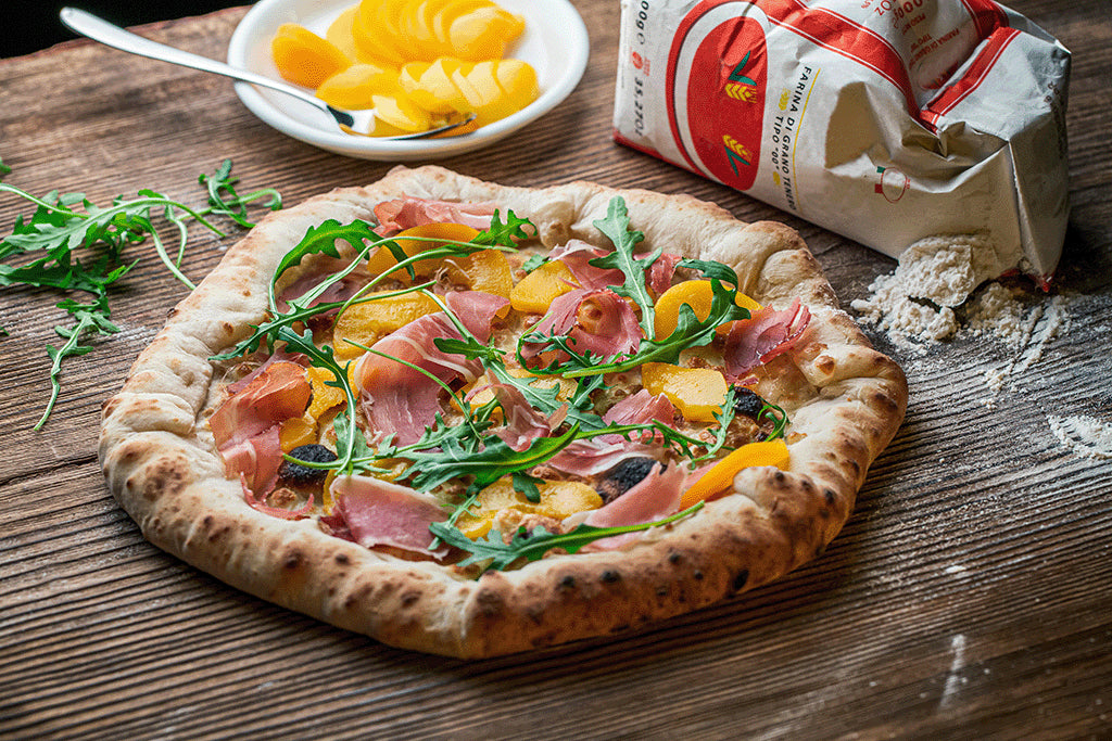 Wood Fired Pizza with Peaches and Prosciutto on the Pellet Joe