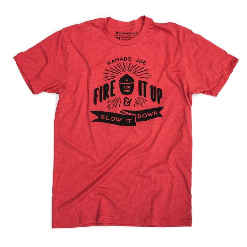 Red t-shirt with black text reading Kamado Joe Fire It Up & Slow It Down