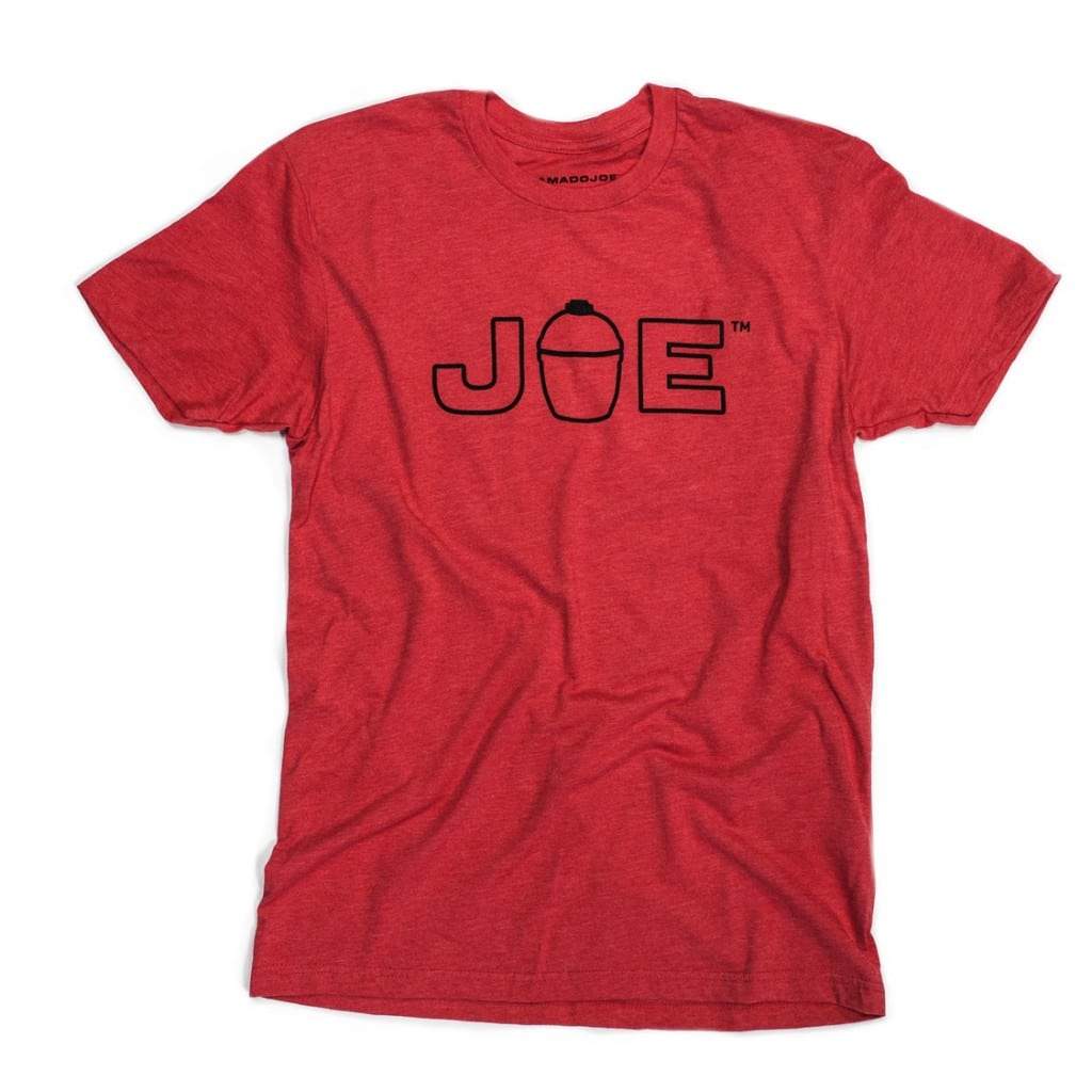 Red t-shirt with "JOE" written in black outline on front. The "O" has been replaced with the outline of a Kamado Joe grill.