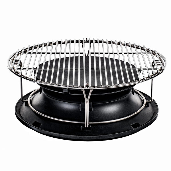 SloRoller with stainless steel grate attachment, The SloRoller is tipped to show the cooking grate.