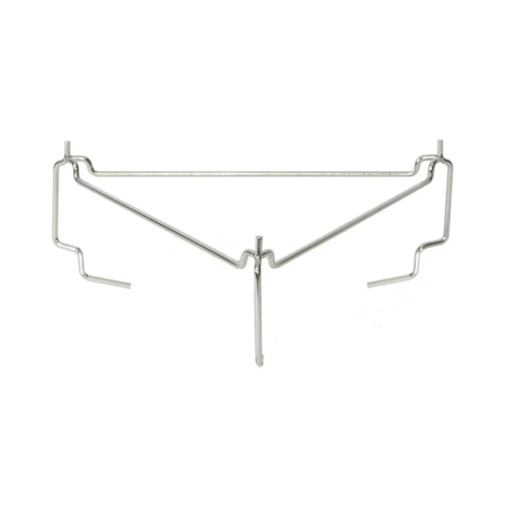 Welded wire deflector rack. Rack has a triangular shape with legs at each point. The legs extend slightly above the rack body and a couple of inches below the rack body. The bottoms of the legs are bent inwards to hold the deflector plate. Each side of the triangle is bent in a way to securely hold a cooking grate.