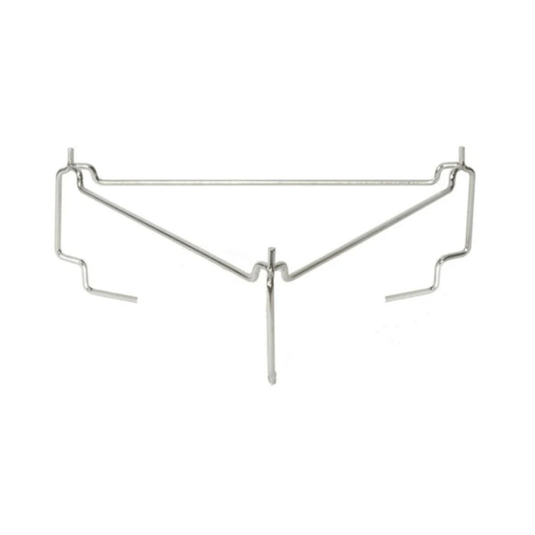 Welded wire deflector rack. Rack has a triangular shape with legs at each point. The legs extend slightly above the rack body and a couple of inches below the rack body. The bottoms of the legs are bent inwards to hold the deflector plate. Each side of the triangle is bent in a way to securely hold a cooking grate.
