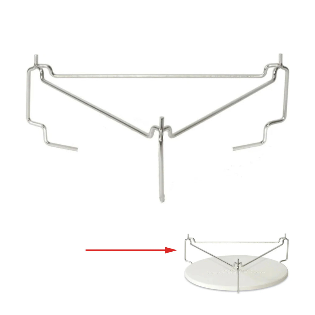 Deflector rack shown on a white background, with a smaller inset at the bottom right demonstrating its use with a round Joe Jr heat deflector installed in the base of the rack and a red arrow pointing to the inset.