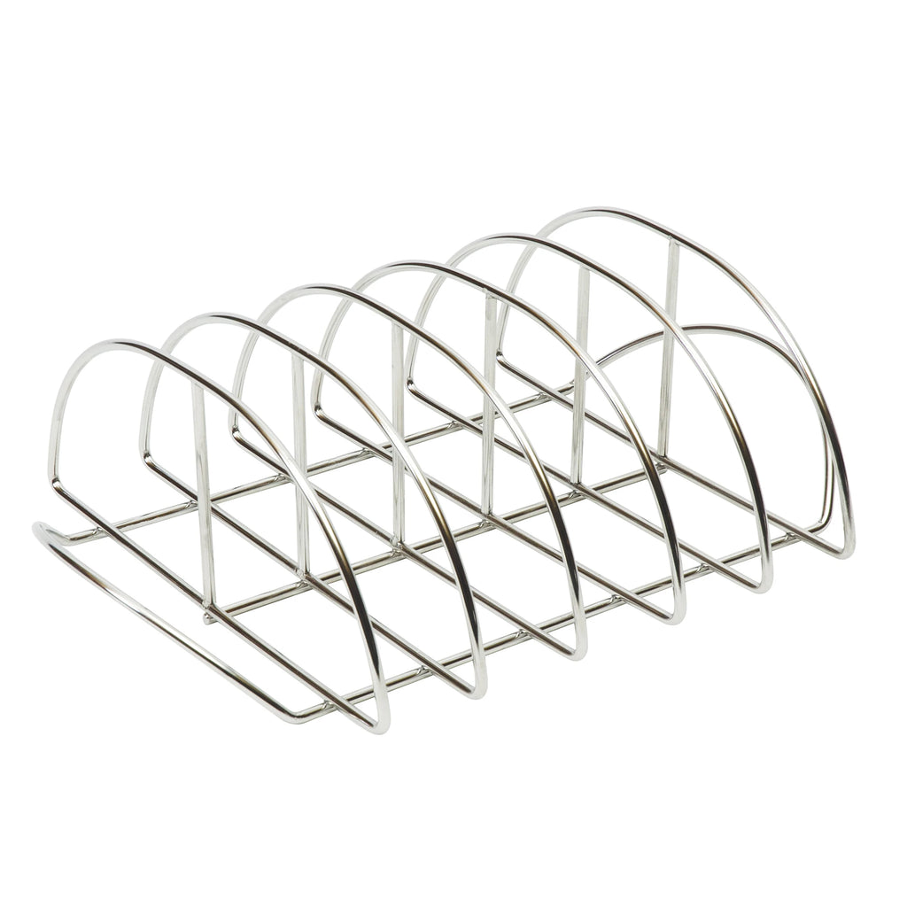 Stainless steel rib rack with 6 curved vertical wires mounted on a wire based.