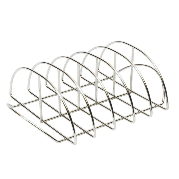 Stainless steel rib rack with 6 curved vertical wires mounted on a wire based.