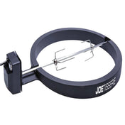 Assembled JoeTisserie with wedge-shaped ring and a metal spit rod with meat claws that runs from the side-mounted motor across the ring. Cutouts in the ring hold the spit rod in place.