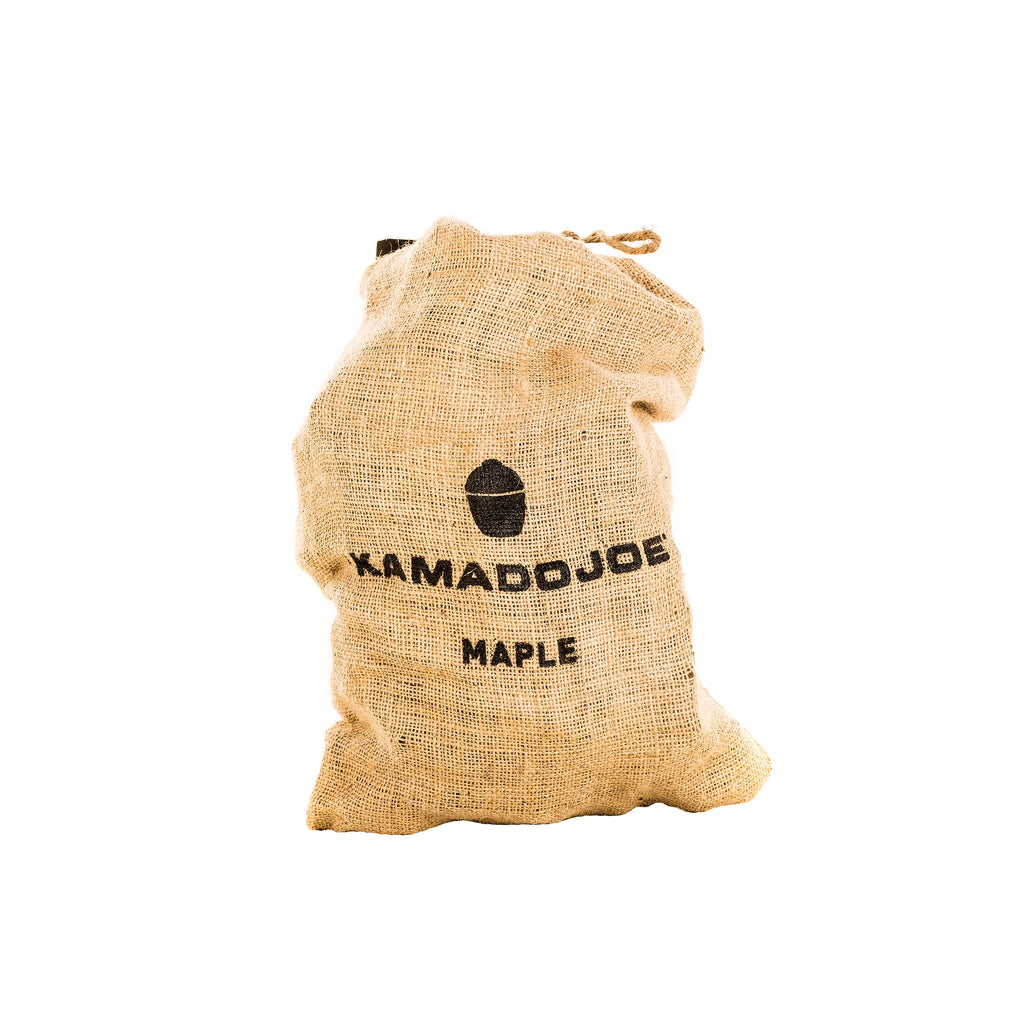 Burlap bag, tied closed at the top, with the Kamado Joe logo and the text "Kamado Joe Maple" stamped on it.
