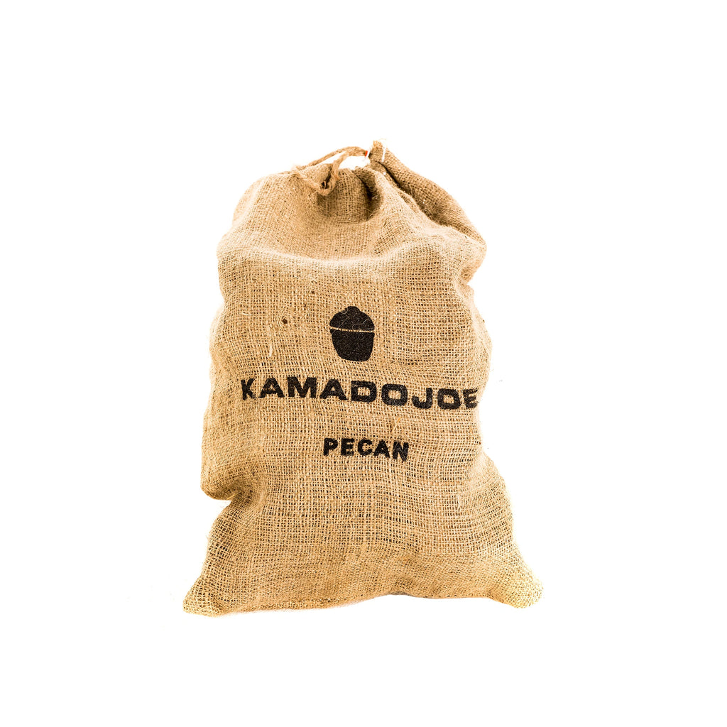 Burlap bag, tied closed at the top, with the Kamado Joe logo and the text "Kamado Joe Pecan" stamped on it.