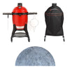 Classic Joe III grill next to a black Kamado Joe grill cover with a half-moon soapstone surface below on a white background