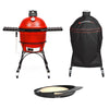 A Classic Joe Series II grill with side shelves sitting in its wheeled cart, A Kamado Joe heavy-duty grilled cover installed over a grill in wheeled cart, and a DōJoe pizza oven accessory.