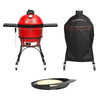 A Classic Joe Series I grill with side shelves sitting in its wheeled cart, A Kamado Joe heavy-duty grilled cover installed over a grill in wheeled cart, and a DōJoe pizza oven accessory.