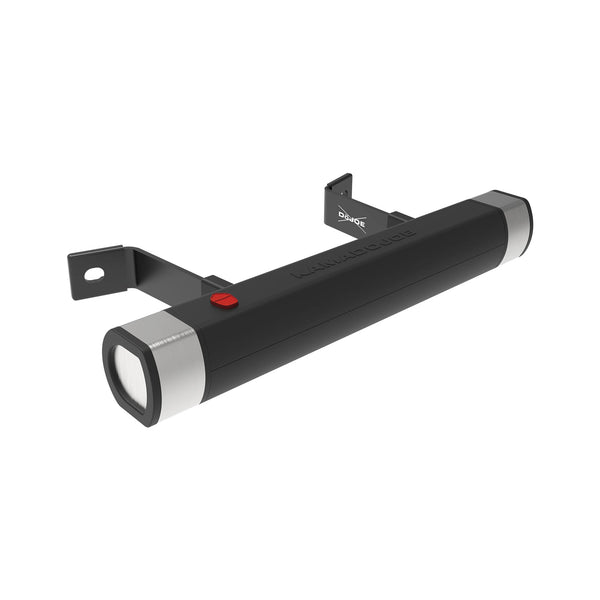 Black and silver light bar and handle with a red button in the shape of the Kamado Joe grill icon. 2 mounting brackets extend from the back of the handle. 