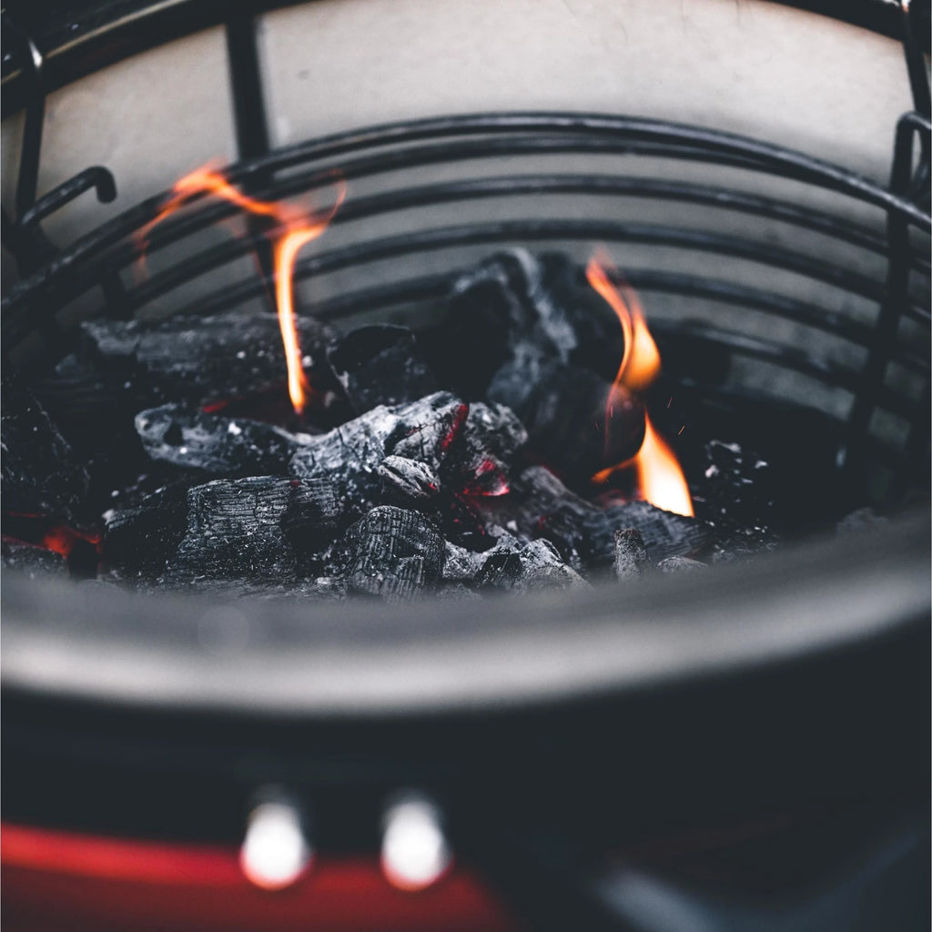 Flames rise from a pile of newly lit big block charcoal inside a kamado Joe grill firebox