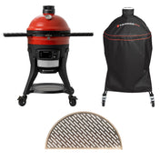 Konnected Joe grill in cart with side shelves, the Kamado Joe heavy-duty grill cover installed over a grill, and the Stainless Steel half-moon fish and vegetable grate with laser-cut groove pattern.