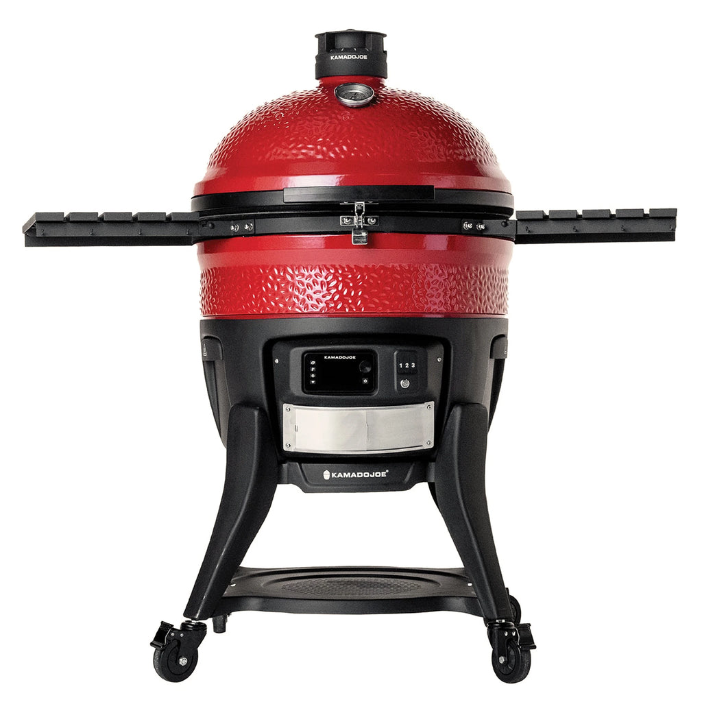 A closed Big Joe Konnected Joe Digital Charcoal Grill. The Kontrol Board is above the slide out ash drawer in the center-front of the grill base. The Kontrol Tower top vent and built-in temperature gauge can be seen at the top of the dome. 