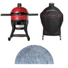 Big Joe Konnected Joe grill next to a black Kamado Joe grill cover with a half-moon soapstone surface below on a white background