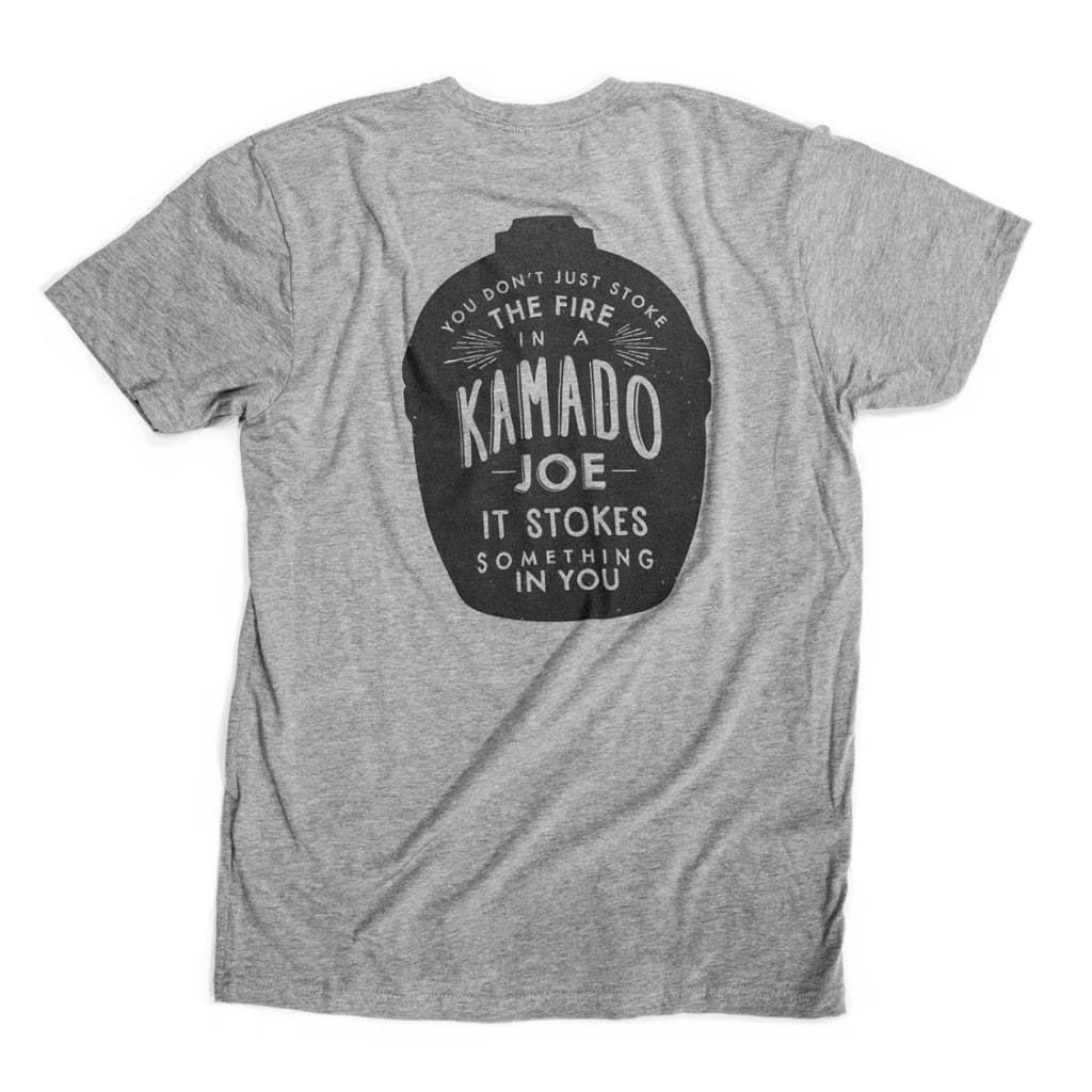 Gray t-shirt with black silhouette of Kamado Joe grill that features the text "You don't just stoke the fire in a Kamado Joe - It stokes something in you"