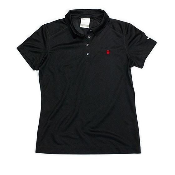 Black golf shirt with red Kamado Joe grill logo on left breast and white Nike swoosh on left sleeve