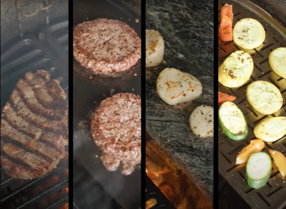 Collage of different foods cooking on different surfaces: steak on a cast iron grate, burgers on a griddle, scallops on a soapstone, and vegetables on a fish and vegetable grate