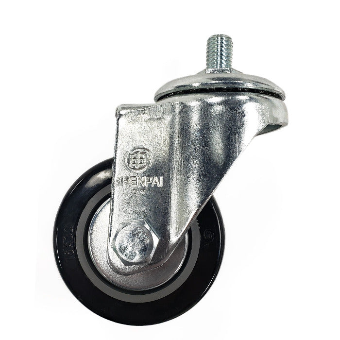 Non-locking caster. Wheel is black with metal hub. Metal parts are silver colored.