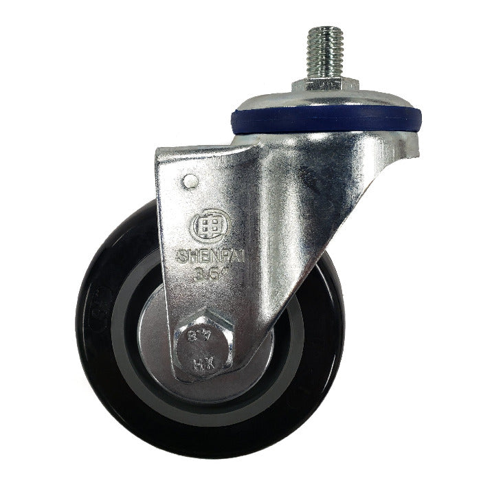 Non-locking caster. Wheel is black with metal hub. Metal parts are silver colored.