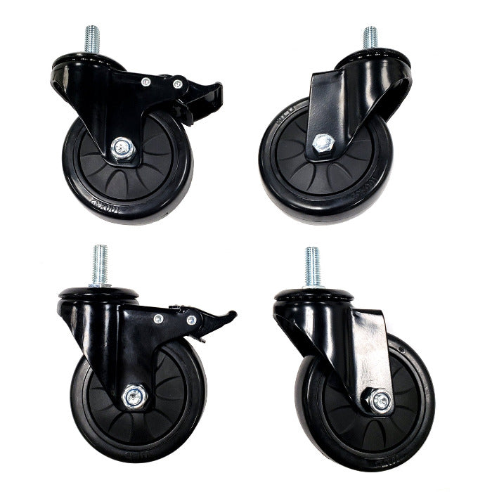 Set of 2 locking plus 2 non-locking casters. Wheels and metal parts are black.