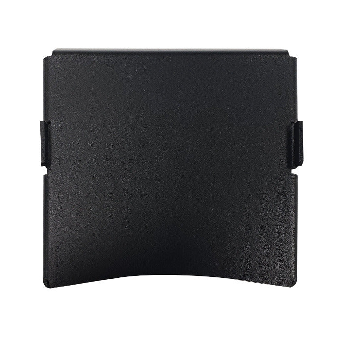 Square black tray with 1 curved side and 2 formed clips on the sides that meet the curved side
