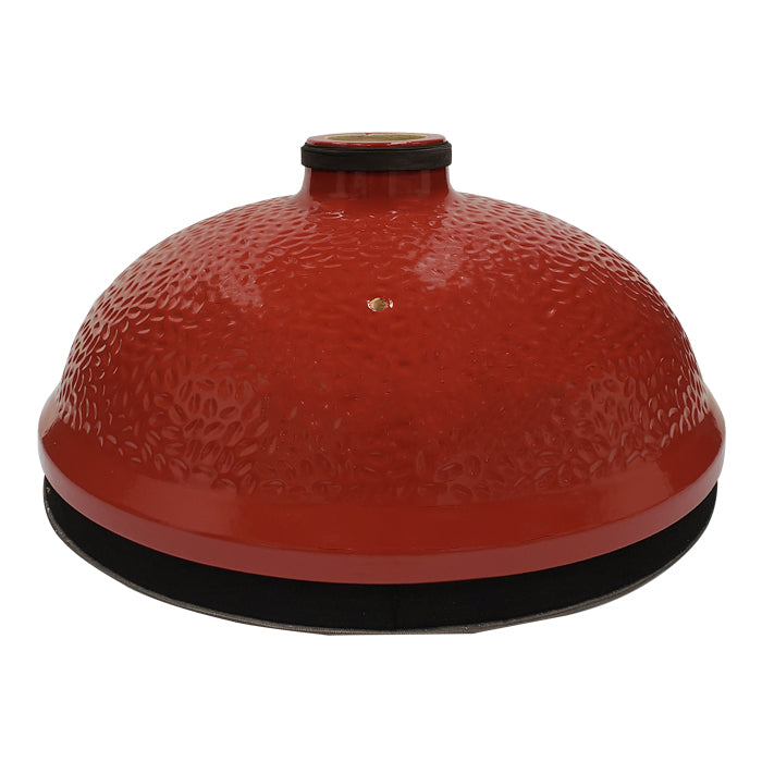 Red Big Joe grill dome with hold for thermometer probe and chimney for top vent
