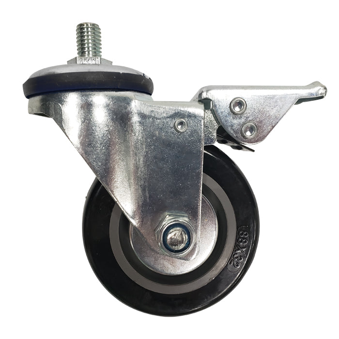 Locking caster assembly with metal lock and threaded attachment rod