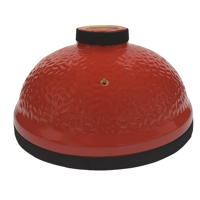 Red ceramic dome for Joe Jr., showing chimney for top vent and hole for thermometer probe