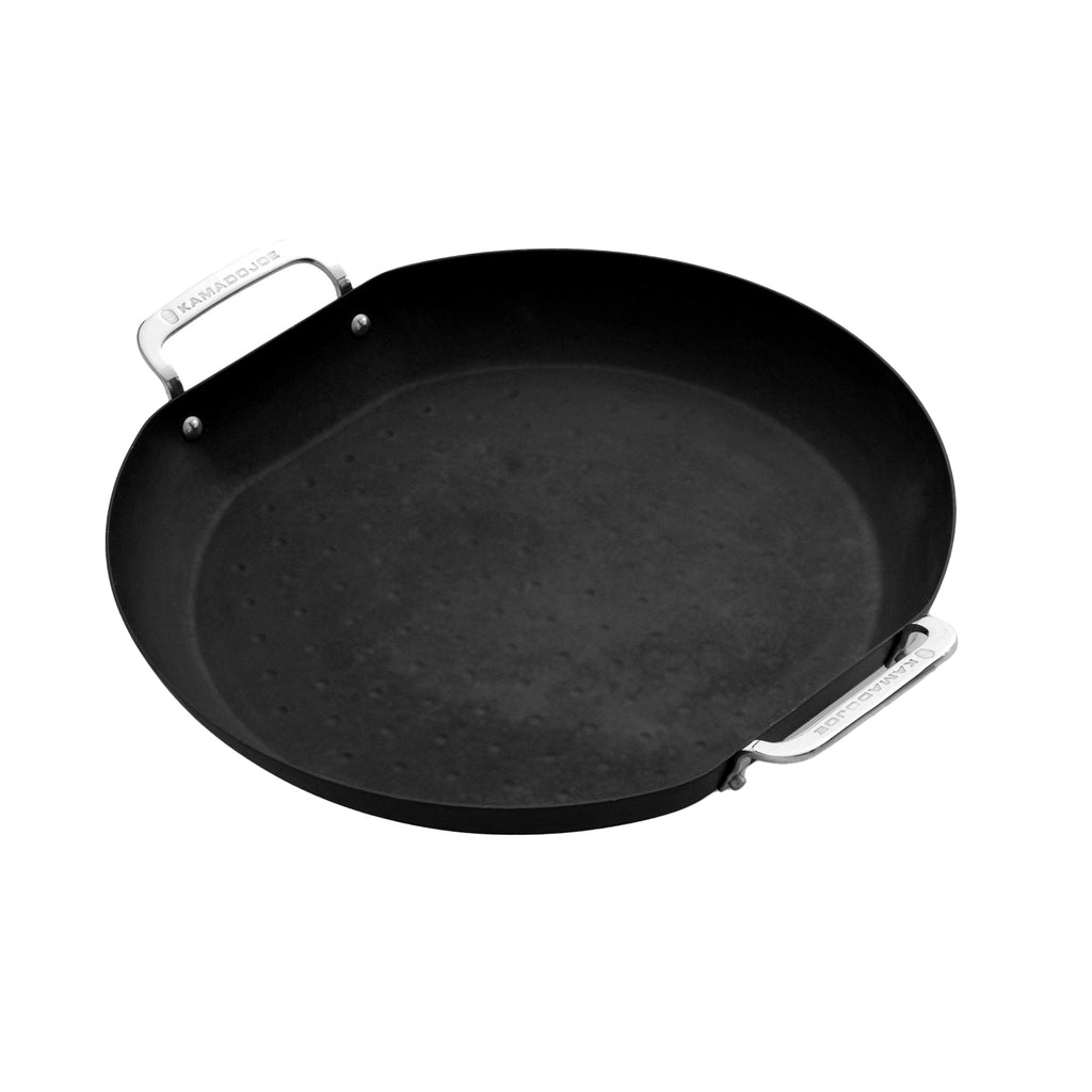 Round Karbon Steel paella pan with 2 curved, vertical stainless steel handles