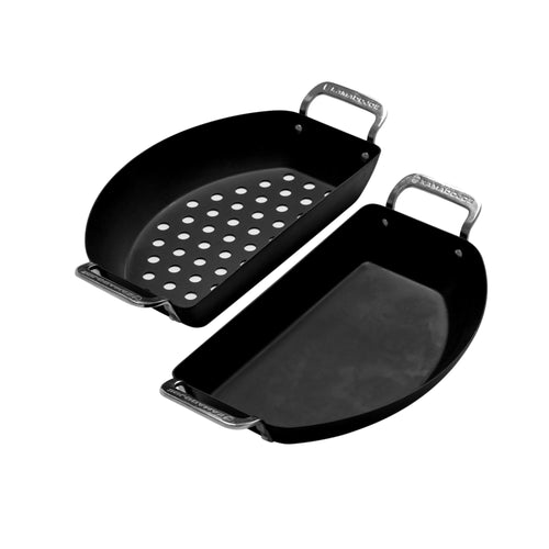 2 half-moon Karbon Steel pans, one perforated and one solid. Each pan has 2 stainless steel loop handles.