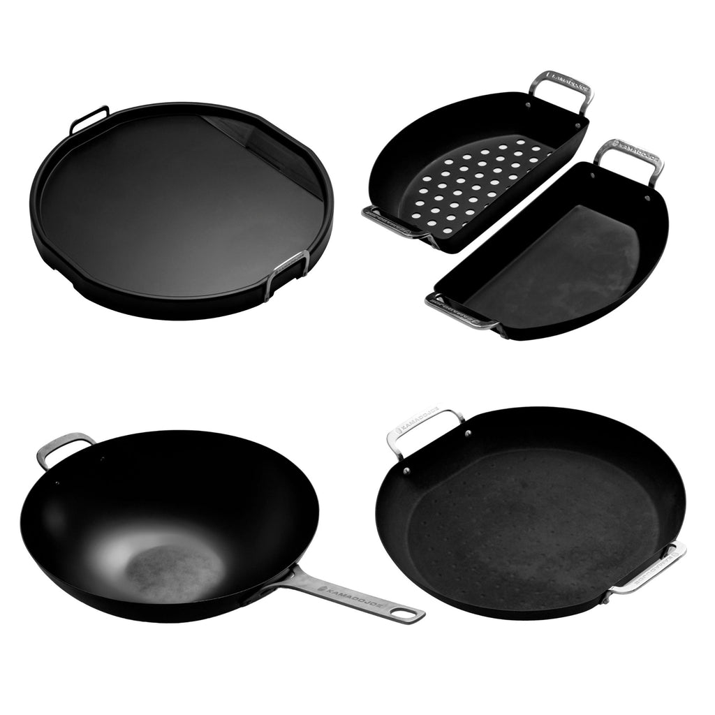 4 Karbon Steel pans: flat-top griddle, half-moon pan set, wok, and paella pan