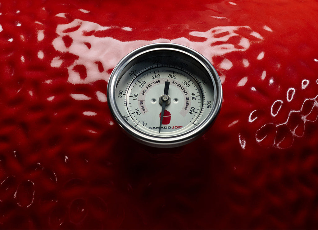 Close-up of the built-in temperature gauge. The gauge shows degrees Fahrenheit and Celsius and ranges for smoking, roasting, and searing.